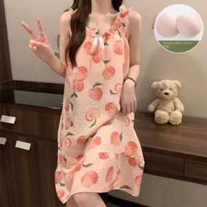CHAOSON Loose Womens Pajama Dress Homewear with Detachable Bra P Sweet Nightgowns Casual Wearable Short Sleeve Nightdress Female