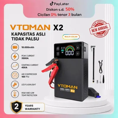 VTOMAN X2 JUMPER AKI MOBIL & MOTOR 12V 10000MAH PORTABLE POWERBANK DENGAN POMPA ANGIN & LAMPU DARURAT KUALITAS PREMIUM USB-C INPUT 5V-2A OUTPUT 5V-2.4A SIAP KIRIM