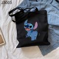 Cute Stitch Printed Canvas Tote Bag Casual Black Shoulder Shopping Handbag. 