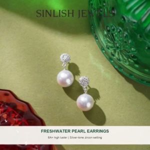 SINLISH Store Recommended Must-Have 6A+ Perfectly Round Flawless Natural Pearl High Luster Earrings 9-10mm