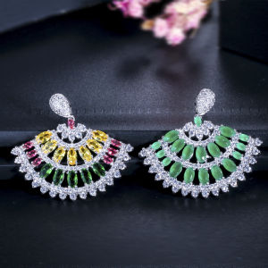 SEQUITO คุณภาพสูง CZ เครื่องประดับมรกตสีเขียวการตั้งค่าหินพัดคลี่สไตล์หรูหรารูป Big ต่างหูรูปหยดน้ําสําหรับสุภาพสตรี SE436