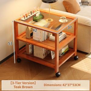 [SG Seller]Multi-Functional Bamboo Rolling Cart 3-Tier Side Table with Glass Top for Home & Office