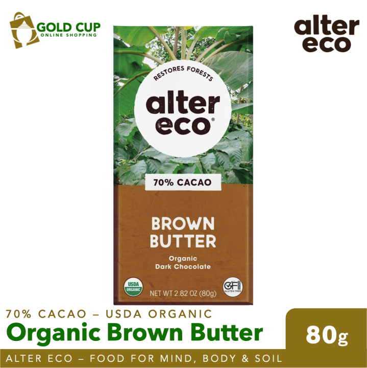 Alter Eco Deep Dark Salted Brown Butter Organic Chocolate 70% Cocoa 80g  (USDA Organic GMO Free Gluten Free No Preservatives No Refined  Sugar