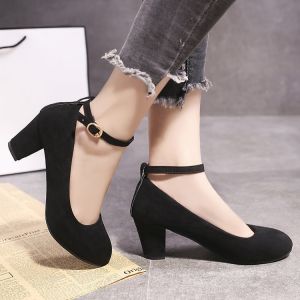 [Free Shipping] New Spring And Autumn Korean-Style Suede High-Heeled Shoes With A Waterproof Platform Buckle Detail Chunky Heel Mid-Heel And Shallow Toe Design Suitable For Professional Wear