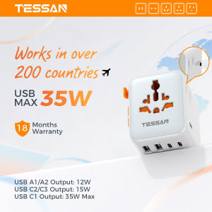 TESSAN GaN 65W Universal Travel Adapter PD Fast Charging with Type C & USB & Universal AC Socket for Iphone Compatible In EU JP UK US