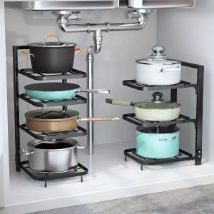 Adjustable Height Pot Racks Storage Shelves Sink Under Kitchen Pot and Pan Storage Racks Multi-layer Household Cabinet Shelves Dining Room Kitchen Supplies Storage Shelves Storage Tables