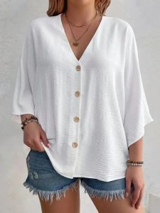 Plus-size Womens T-shirt Solid Color Breathable Spring/summer V-neck Button Travel Casual Wear with European and American Style2026