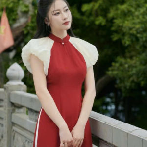 QC_ Set áo dài Tết đỏ may mắn áo dài đỏ cô dâu nhẹ nhàng set áo dài cách tân hiện đại đẹp tay phồng Tơ lụa phối quần suông dài rộng Nhung