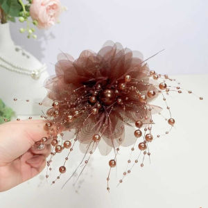 Flower Beads Hair Clip with Feather Large Mesh Tassel Retro Ponytail Holder for Women Elegant Pearl Hair Accessories for Everyday Use