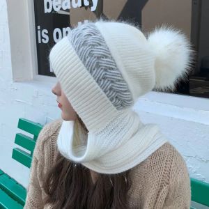 Syal topi musim dingin impor untuk Wanita Pria Topi Beanie rajut semua dalam satu dgn lapisan bulu pom pom