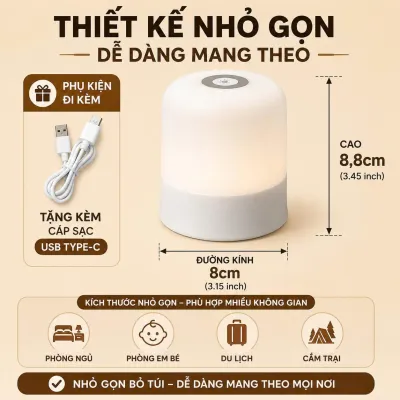 Đèn Ngủ LED Cảm Ứng Tích Điện 3 Màu – Đèn Pha Sữa Ban Đêm Thay Bỉm Cho Bé Điều Chỉnh Độ Sáng Một Chạm