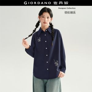 Giordano Women Embroidery single pocket long sleeve shirt Free Shipping 18346236