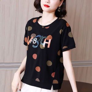 2022 Womens Short-sleeved T-shirts New Polka Dot Fashion Summer Round Neck Large Size Casual T-shirt Top
