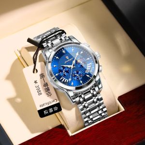POEDAGAR chronograph watch for men waterproof 2025 new multifunctional stainless steel sapphire glass calendar luminous moon star watch