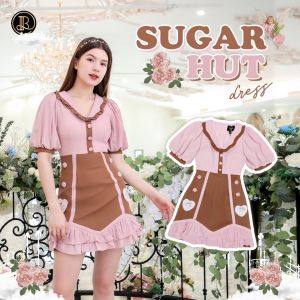 BLT BRAND การันตีเสื้อผ้าแบรนด์แท้ มินิเดรสสีชมพู กระโปรงน้ําตาลระบายชมพู SUGAR HUT