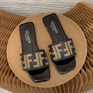[Free Shipping] Large-Size Square-Toe Rhinestone Lettered Flip-Flops New Spring/Summer Collection Outdoor Casual Flat Sandals