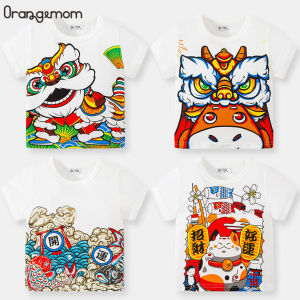OrangeMom Pure Cotton Kids T-shirt Summer New Chinese Style Printed Boys Girls Short-sleeved Tops Festive New Year Childrens Clothing for 2-7