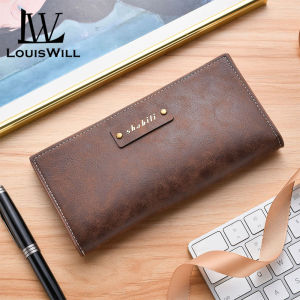 LouisWill กระเป๋าสตางค์ของผู้ชายแบบย้อนยุคกระเป๋าสตางค์ PU แบบอเนกประสงค์กระเป๋าสตางค์บางเฉียบยาวกระเป๋าสตางค์ความจุมากผู้ที่ใส่บัตรใส่บัตรได้เยอะกระเป๋าสตางค์บุรุษเหรียญหนัง PU Pouch Koin