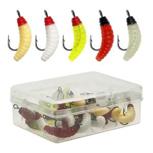 30Pcs Fishing Baits Soft Maggot Fly Fishing Lures Hook Set Soft Plastic Fishing Lures Bread Worms Artificial Baits