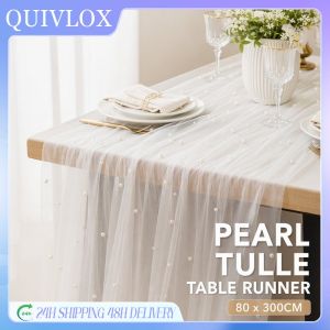 Table Runner Pearl White Tulle Mesh Sheer Overlay Party Decor Wedding Banquet Reusable Easy Care