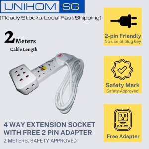 UnihomSG [ReadyStock] 4 Way Extension Socket with 2 pin adapter included | 2 meters cable length | Safety Marked