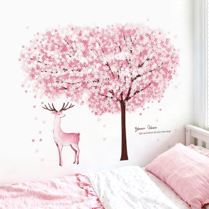 Decal giấy dán tường Hoa anh đào Hươu Hồng Có keo sẵn Trang trí phòng khách phòng ngủ 74*85 cm