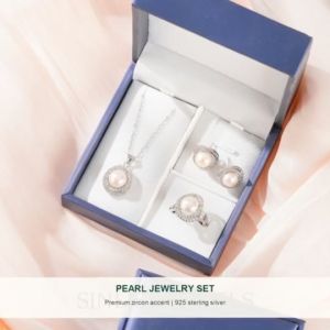 SINLISH Pearl Jewelry Set with Zircon Necklace Earrings Ring Elegant Gift for Dinner or Daily Wear