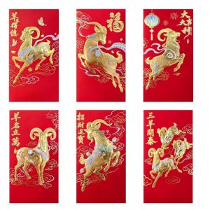 WAPKTY 6Pcs Thiết kế lá vàng Phong Bì Đỏ Năm Dê Phong cách Trung Quốc Tinh tế Phong bì đựng quà tặng tiền Chất lượng cao Lời chúc mừng năm Phong bao lì xì màu đỏ Dành cho Tết Nguyên đán