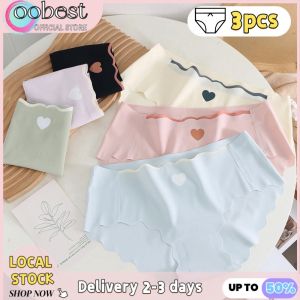 oobest 【Delivery 2-3 days】3pcs ice silk panties Womens Seamless Love Heart Underwear Girl Triangle Panties