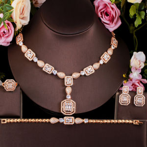 SEQUITO Sparkling Baguette Cubic Zircon Long Pendant Necklace Earrings Bracelet Ring for Bride Jewelry Set Banquet Accessories SJ148