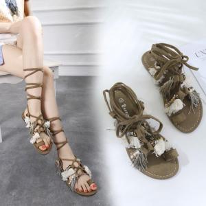 35-40 Fashion Tali Soft Material Casual Strappy Sandals Dinner Party Lace-up Pearl Tassel Flat Shoes for Women Office Wear Hot Sale Long Strappy Flat Sandals