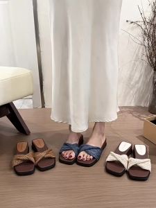 Square-Toed Resort-Style Wedge Sandals For Women Summer Outdoor Wear Vintage Woven Thick-Soled Slip-On Sandals For Women To Pair With Dresses