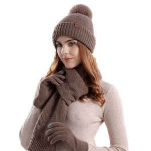 OWTWO 3Pcs/Set Warm Knitted Hat Neck Protection Touchscreen Scarf Gloves Set Winter Windproof Beanies Hat Men Women