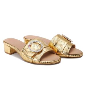 HOPE ROZA (ROSA) - GODDESS Women Open Toe Block Heel Mule Sandal - Soft and Anti Slip Sole with Luxury Swarovski Crystal Buckle - Gold
