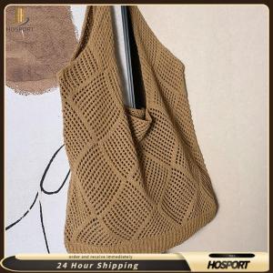 【HOSPORT】Women Crochet Bag Solid Color Mesh Knit Shoulder Bags Retro Hollow Fashion Handbag for Shopping Trip Summer Holiday Bags