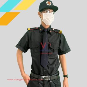 Trọn Bộ Đồng Phục Bảo Vệ Vệ Sĩ Màu Đen Túi Hộp Tay Ngắn Đẹp Bao Gồm Phụ Kiện Nón Cầu Vai Ve Áo Cà Vạt - Hình thật