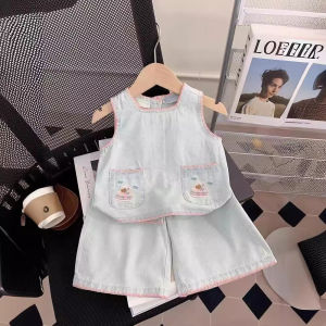 Setelan Anak Perempuan Import Jeans Tanpa Lengan Kantong Gambar Cake Bordi Kancing Kulot
