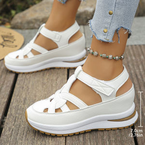New Large-Size Wedge Sandals For Women Closed-Toe Hollowed-Out Breathable Large-Size Platform Sandals With Thick Soles And Velcro Closure