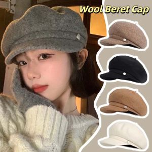 NOVELLEO Solid Color Wool Beret Cap Dome British Style Women Artist Hat Simple Big Head Circumference Female Painter Cap Ladies