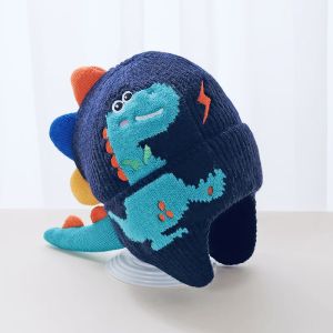 XL Baby Cute Cartoon Dinosaur Knitted Hat Winter Warm Ear Protection and Windproof Woolen Cap Kids Gift LX