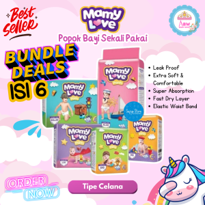 Mamy Love BUNDLE ISI 6 Baby Diapers Pants / Popok Bayi Celana Extra Soft & Fast Dry Ready All Size