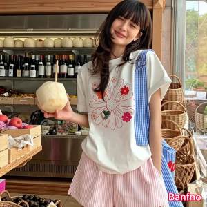 ✅ Banfno women Korean style oversize T-shirt short sleeve summer floral cotton combed 32s couple T-shirt ready stock .C