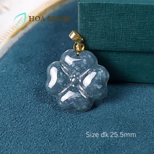 Mặt dây chuyền mề đay đá cẩm thạch lam ngọc chạm khắc cỏ 4 lá may mắn bình an không kén mệnh C0171 | Hoa Minh Gem