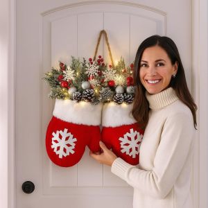 NOBLE YOU Twinkling Christmas Mitten Wreath Artificial Berries with LED Lights Christmas Door Garland Christmas Atmosphere Props Large Size Christmas Glove Wreath Xmas Party