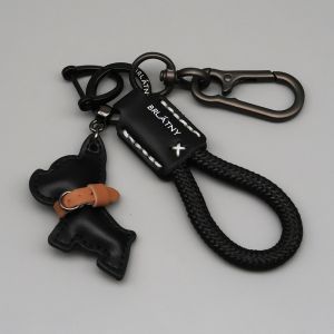 QINJUE Handmade Key Chain French Bulldog Leather Keychain High Quality with Anti-Loss Strap Keyrings for Women Men