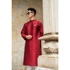 Áo dài Nam thiết kế - chất liệu gấm -Tafta cao cấp màu Đỏ hoạ tiết cá tính hiện đại - Áo Dài cao cấp Bình Ngộ