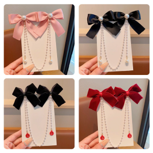 Children Hair Clip with Double Bowknot and Pearls Tassels Designs for Little Girls Special Occasion and Everyday Wear