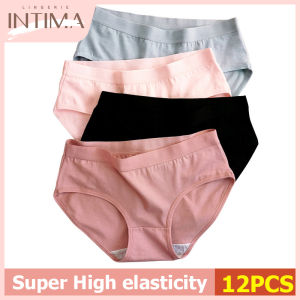 INTIMA กางเกงใน12ชิ้นสำหรับผู้หญิงลดราคาชุดชั้นในเป้าต้านเชื้อแบคทีเรียผ้าฝ้าย100% ขนาดกลางเอวยืดหยุ่นสูงไร้รอยต่อกางเกงในสีพื้นชุดชั้นใน