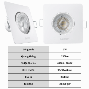 (MPE) Đèn Led Downlight vuông Điều chỉnh góc chiếu 3W 5W 7W Ánh sáng Trắng 6500K Vàng 3000K DLA2S