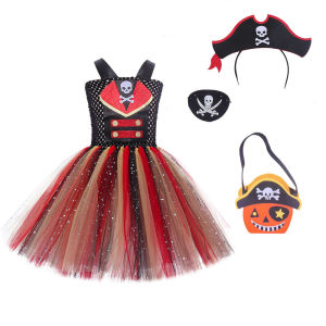 ali9 Halloween Girl Skull tutu Skirt Children Masquerade cosplay Caribbean Pirate Princess Dress